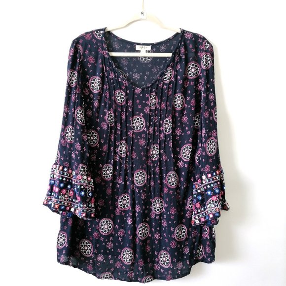 Style & Co Womens Blue Round Neck Bell Sleeve Embroidered Floral Blouse Size L - Picture 1 of 7